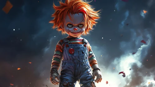 Sinister toy doll stalks forward through stormy twilight