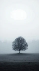 Minimalist lone tree in misty landscape, high-key composition.