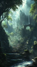 Stone stairway ascends through dense misty jungle ruins