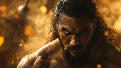 Warrior glare cuts through molten amber battle haze.