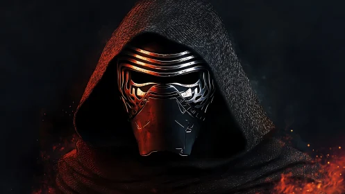 Hooded sci fi armored mask portrait with molten edge lighting