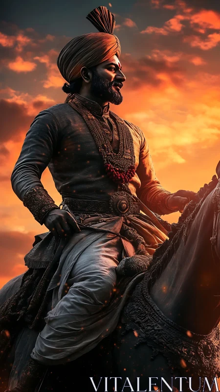 Regal horseman portrait under cinematic ember-lit sky.