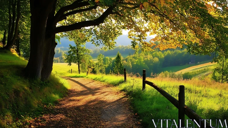 Sunlit dirt path curves through a fenced rural hillside