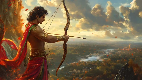 Warrior archer aims arrow over expansive river valley