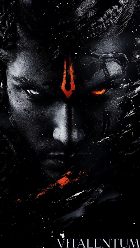 Intense warrior portrait with glowing orange eye and mark.