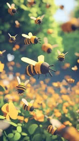 Low-poly bees over stylized flower field in daylight scene.