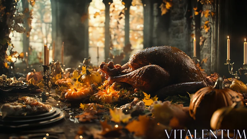 Harvest-feast turkey glowing under amber autumn candlelight.