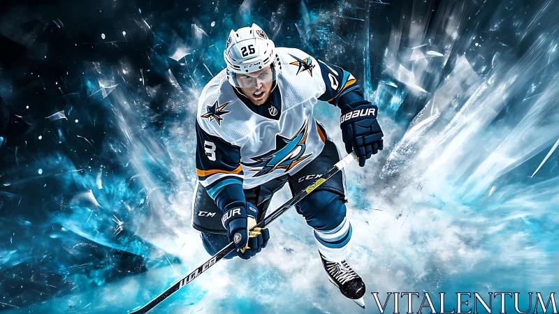 Ice hockey player in white teal uniform charging forward.