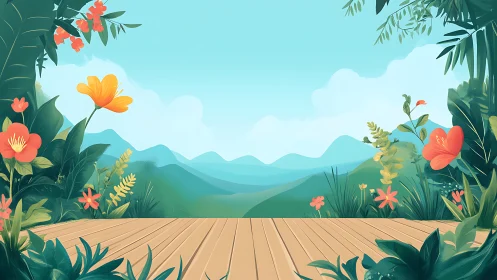 Tropical floral terrace overlooking layered blue mountains.