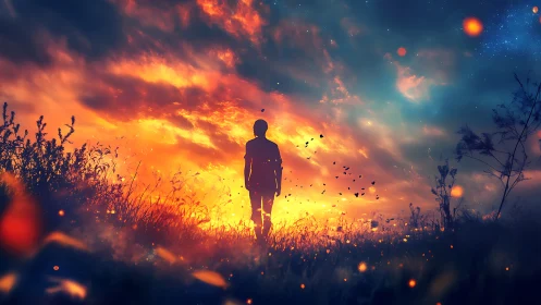 Solitary dreamer walking into a glowing, endless sunset sky.