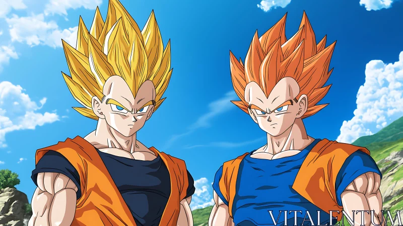 Two muscular anime characters under clear blue sky.