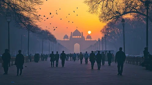 Sunrise corridor toward domed gateway under avian-filled sky.