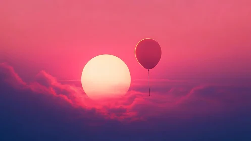 Digital painting of balloon and sun over magenta cloudscape.