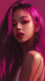 Pink haired woman portrait with bold neon lighting.