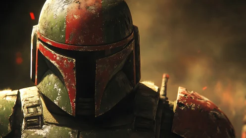 Armored sci fi warrior helmet in smoky cinematic light.