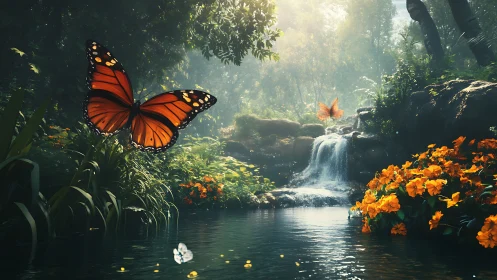 Monarch butterfly hovers above luminous forest waterfall pool