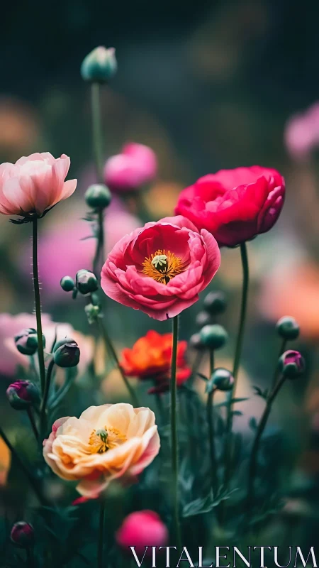 Blurred Ranunculus Garden with Pink and Peach Blooms.
