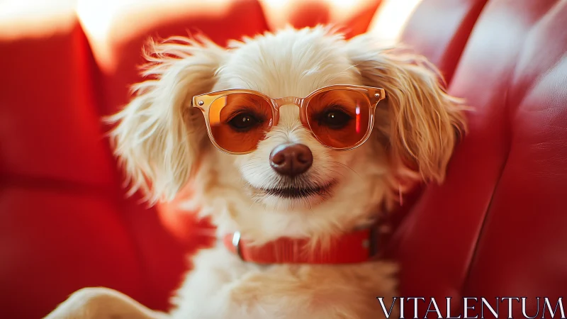 Small cream dog in orange sunglasses on red seat.