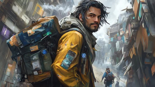 Wanderer in yellow jacket strides through smoky street labyrinth.