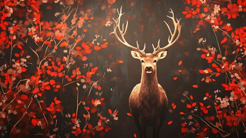 Central stag portrait framed by stylized red foliage on dark field