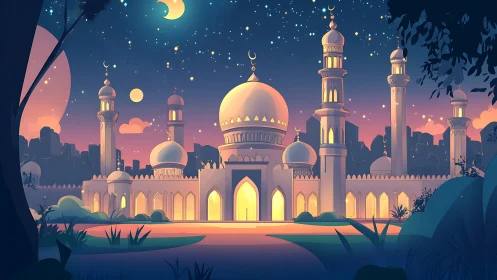 Moonlit domed palace with glowing arches and pastel skyline.