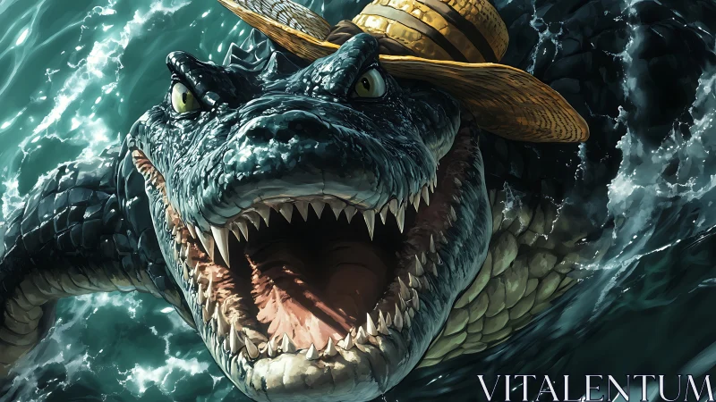 Ferocious crocodile in straw hat lunging through ocean waves.