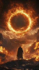 Cloaked figure before colossal fiery vortex in volcanic chasm