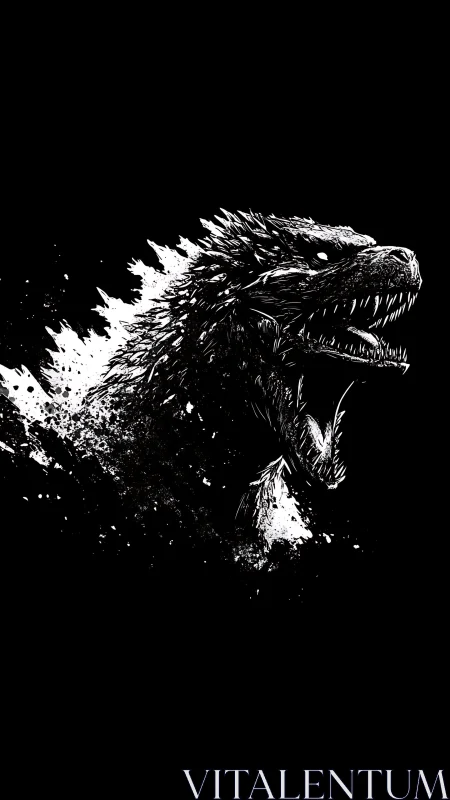 Monochrome kaiju profile erupts through splattered negative space