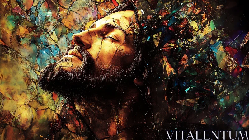 Luminous bearded portrait within fractured stained glass shards.