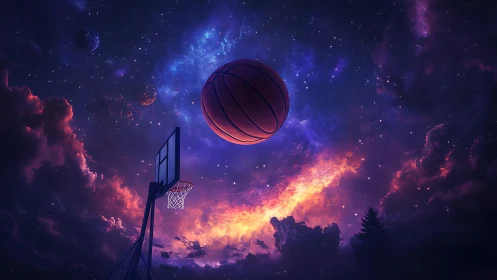 Cosmic basketball trajectory intersecting nebular night sky.