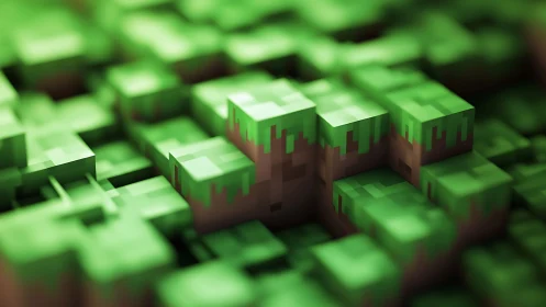 Voxel terrain blocks in layered green and brown grid pattern.