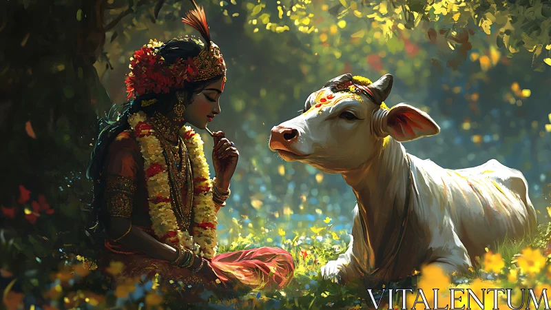 Traditional figure with cow in sunlit forest clearing scene.
