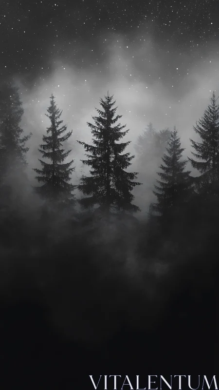Nocturnal conifer silhouettes emerge through dense ground fog