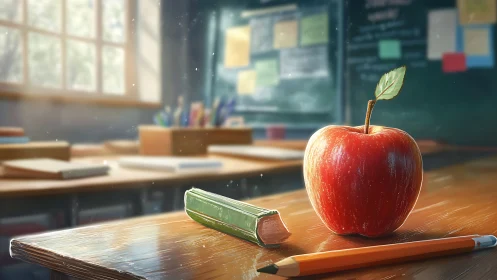 Red apple rests on polished school desk in soft morning light