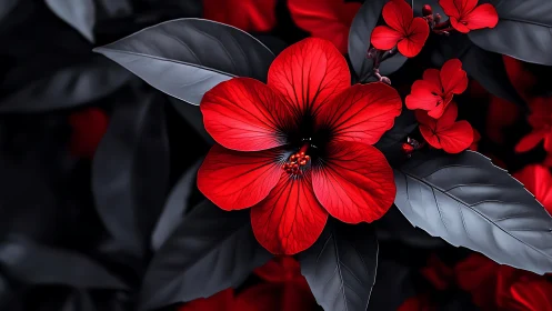 Red Flowers with Dark Foliage. Vibrant Botanical Study.