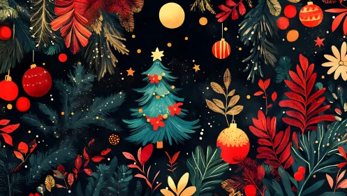 Festive Christmas tree with bold red foliage and ornaments