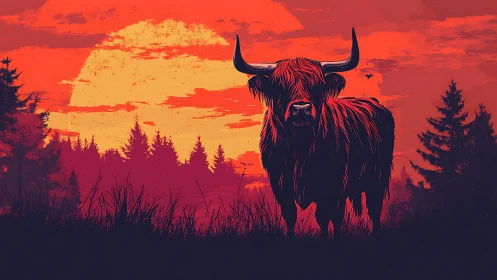 Highland cattle silhouette before large red sunset sky.