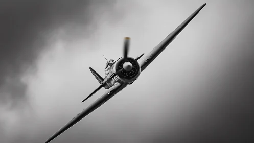 Vintage propeller warplane cuts through dramatic storm sky