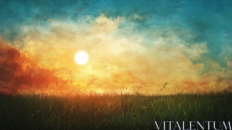 Sunlit meadow horizon under glowing painterly sky at dusk.