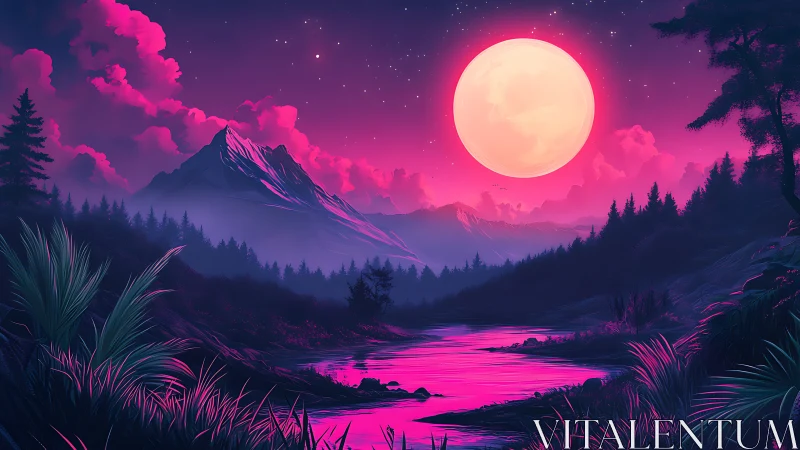 Moon-drenched river hums beneath neon-magenta mountain hush