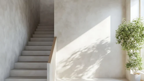 Sunlit minimalist staircase intersects with sculptural indoor foliage
