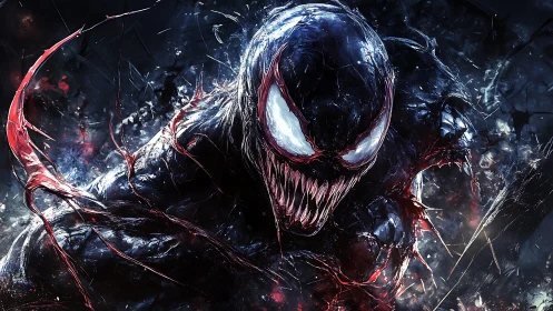 Black alien creature with sharp teeth in chaotic blue setting.