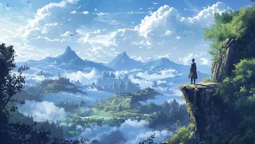 Wanderer greeting a dreamy valley of clouds and peaks.