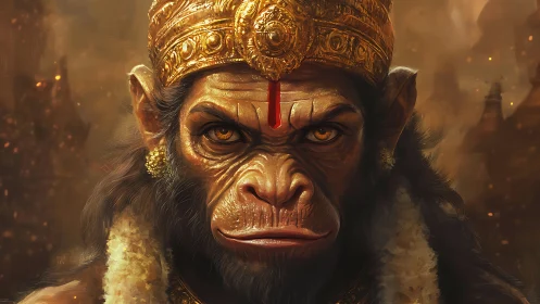 Simian figure in ornate golden crown and temple setting.