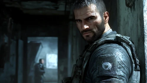 Battle-hardened soldier stalks shadows of ruined corridor.