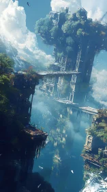 Aerial ruins and suspended forests over reflective chasm water.