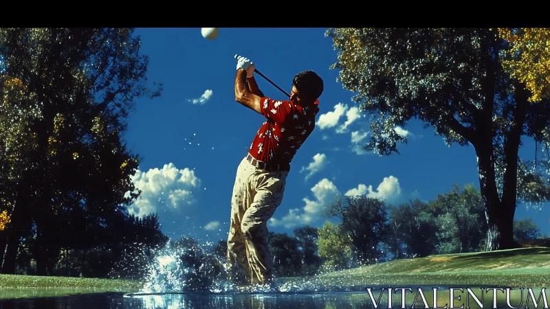 Golfer executes dynamic water hazard shot with high splash arc