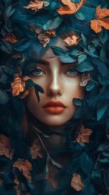 Mystical forest muse emerges through teal leaves and ember gold