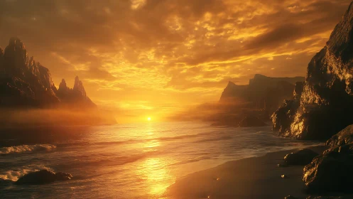 Golden coastal sunset with volumetric mist and reflective wet rocks