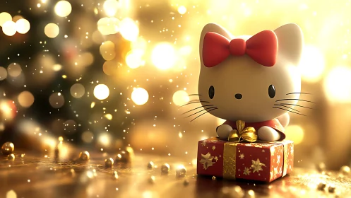 Sweet kitty figurine glows atop a sparkling holiday gift
